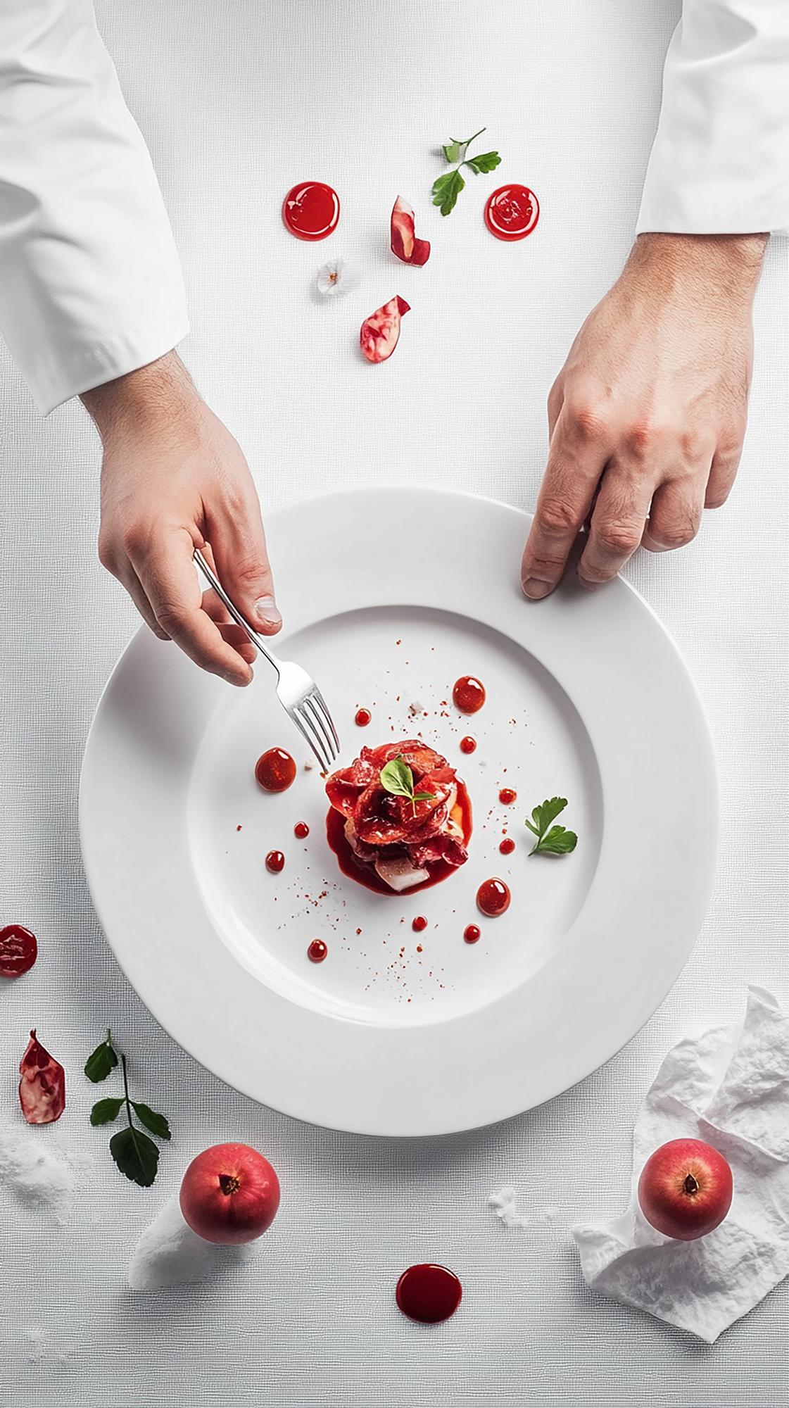 Chef plating a modern dish in bright kitchen